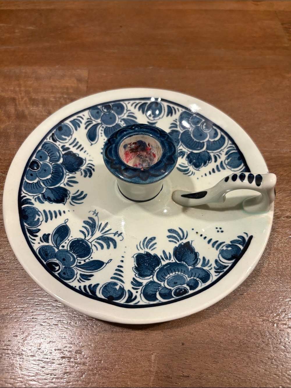 Blue Floral Ceramic Chamberstick Candle Holder - Hand-Painted Design